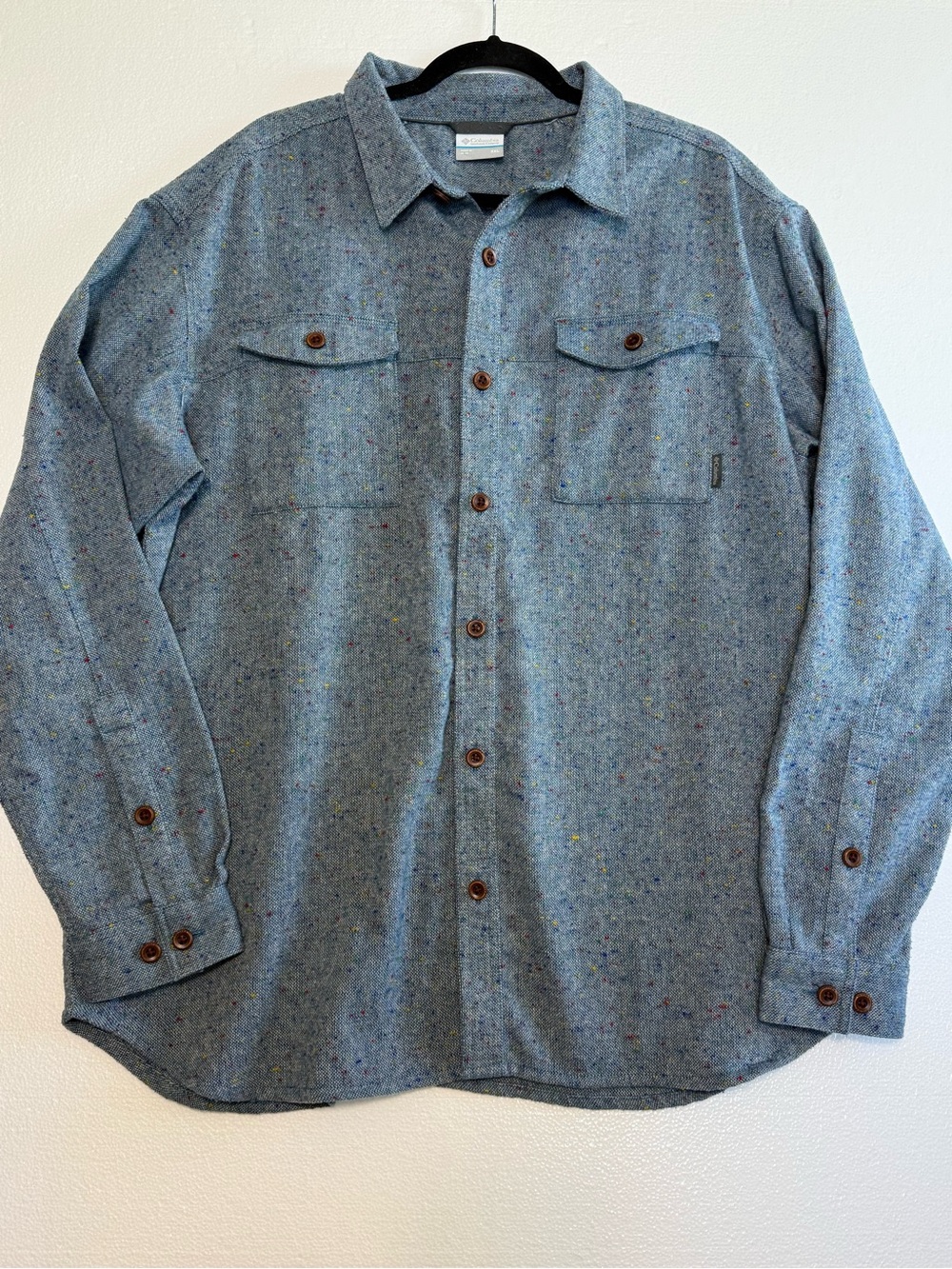 Columbia Mens Sage Butte Wool Blend Flannel Button Up Shirt Blue Flecked XXL